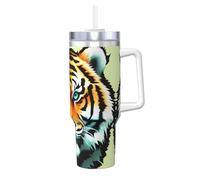 NBMghn Little Fat Tiger Head Print - Vaso de acero inoxidable aislado al vacío de 1,2 l con pajita de asa, para gimnasio, cafetería, oficina, coche