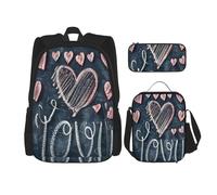 NBRIEU Juego de mochila de bolsillo con texto en inglés "I Love You Words With Hearts", estuche y bolsa de almuerzo para hombres y mujeres, gran capacidad, color negro, talla única, Negro, One Size