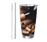 NBSKSDLK Botella de vino con corchos y uvas, vaso de café de acero inoxidable aislado al vacío con tapa y popote, taza de viaje de doble pared para caliente/frío, taza térmica a prueba de derrames