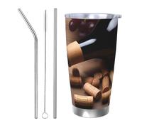 NBSKSDLK Botella de vino con corchos y uvas, vaso de café de acero inoxidable aislado al vacío con tapa y popote, taza de viaje de doble pared para caliente/frío, taza térmica a prueba de derrames