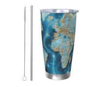 NBSKSDLK Vaso con diseño de mapa del mundo, de acero inoxidable, aislado al vacío, con tapa y popote, taza de viaje de doble pared para caliente/frío, taza térmica a prueba de derrames para casa
