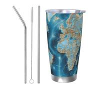 NBSKSDLK Vaso con diseño de mapa del mundo, de acero inoxidable, aislado al vacío, con tapa y popote, taza de viaje de doble pared para caliente/frío, taza térmica a prueba de derrames para casa