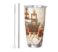 NBSKSDLK Vaso de laboratorio de química de 20 onzas, vaso de café aislado al vacío de acero inoxidable con tapa y popote, taza de viaje de doble pared para caliente/frío, taza térmica a prueba de
