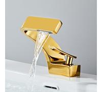 NBYGSC 2239 Waterfall Bathroom Hot and Cold Mixer Tap Hotel Basin Copper Faucet Ceramic Valve Core Single Hole Installat Water Saving (Bright Gold)