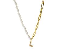 NBYGSC 26 Letter Zircon Half Pearl Half Chain Necklace For Women Men, Vintage Half Pearl Necklace - Imitation Pearl Beaded Chain Necklace, Half Pearl Half Chain Necklace Initial For Birthday
