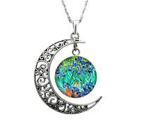 NBYGSC 925 Sterling Silver Crescent Moon Necklace For Women and Men, Gogh Starry Night Necklace Glass Cabochon Crescent Moon Clavicle Necklace, Moon Phase Necklace, Moonglow Half Moon Necklace