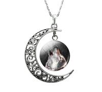 NBYGSC 925 Sterling Silver Crescent Moon Necklace For Women and Men, Wolf Glass Cabochon Crescent Moon Necklace Wolf Crescent Moon Clavicle Necklace, Moon Phase Necklace, Moonglow Half Moon Necklace