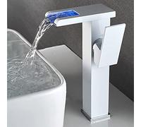 NBYGSC Basin Mixer Hot and Cold Water, Colour Changing led RGB Light Waterfall, Handle Single Hole Bathroom Tap Faucet,White,High