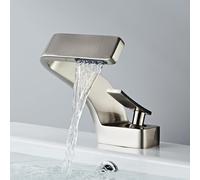 NBYGSC Brushed Silver Waterfall Bathroom Hot Cold Mixer Tap Copper Basin Faucet with Ceramic Valve Single Hole Installat Water-Saving for Hotels & Homes