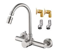 NBYGSC Brushed Stainless Steel Wall Mount Kitchen Sink Faucet Center Gooseneck Swivel Spout Single Handle Utility Mixer Tap for Laundry & Restaurant