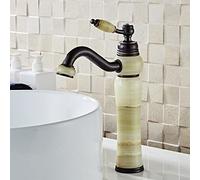NBYGSC European Natural Jade countertop Basin Hot and Cold Water Faucet All Copper Black American Art Pot Marble Antique Faucet, Green Jade [Non-rotatable]