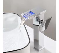 NBYGSC led Light Brass Waterfall, Tap Faucet for Basin Sink in Bathroom, Single Handle 1 Hole Hot and Cold Water Mixer Chrome,High