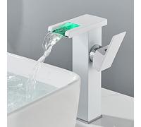 NBYGSC led Light Waterfall, taps for Bathroom Basin Brass, 3-Color Changing Lavatory Vanity Faucet, Single Handle 1 Hole Hot and Cold Water Mixer,White,High