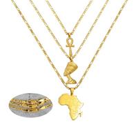 NBYGSC New 3Pieces Ankh Nefertiti & Africa Map Pendant Necklaces Gold Color Wedding Birthday Party Ethnic Women Men Decoration Jewelry Commemorative with You Accessories Trendy Best For Gift
