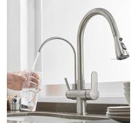 NBYGSC Pull out Kitchen Faucet 3 Way Brass Swivel Hot and Cold Water Single Hole 2 Handles Kitchen Sink Faucet 3 Way-Brushed