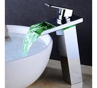 NBYGSC Tap Brass Basin Faucet with Colour Changing led Light Bathroom Waterfall Sink taps, Single Handle 1 Hole Hot and Cold Water Mixer,Chrome,High