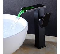 NBYGSC Waterfall with led Light, taps for Bathroom Basin Brass, 3-Color Changing Lavatory Vanity Faucet, Single Handle 1 Hole Hot and Cold Water Mixer,Black Antique,High