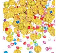 NCCHDZSW Juego de 200 monedas de oro, tesoro pirata, con 50 monedas de oro, piedras preciosas piratas para decoración de cumpleaños infantiles, cofre del tesoro