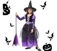 NCKIHRKK Disfraz Bruja para Niña, Traje Halloween para Niña con Sombrero de Bruja, Escoba de Bruja y Cinturón, Disfraz Halloween Niña 7-8 Años, para Halloween, Carnaval, Cumpleaños, 130 cm