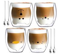 NCKIHRKK Juego de 4 Taza de Café Doble Pared Taza de Cristal, Tazas de Café Oso, 240ml Vasos de Cafe Té Leche, Regalo de Cumpleaños, San Valentín, Navidad
