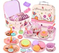 NCKIHRKK Juego de Té para Niños con Estuche, 46 Piezas Servicio de té Juguete de Metal, Cocina Juguete Vajilla Juguete y Comiditas, Juego de te Infantil para Niña 3 4 5 6 7 Años, Regalo Niña 3-8 Años