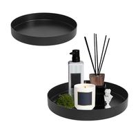 NCOALE 2 bandejas decorativas redondas, grandes, color negro, 20 cm y 25 cm, bandeja redonda de metal antideslizante para cosméticos, velas de postre