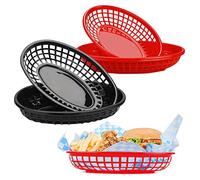 NCOALE Cestas de alimentos, cesta ovalada de plástico reutilizable, cestas de patatas fritas para perros calientes, hamburguesas, dulces, frutas, fiesta, picnic, barbacoa, 2 colores, 6 unidades