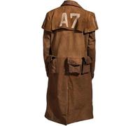 NCR Veteran Ranger Cowboy Western Vegas A7 - Gabardina de ante marrón y cuero, para hombre, longitud completa, Abrigo de piel de ante marrón, con logotipo, L