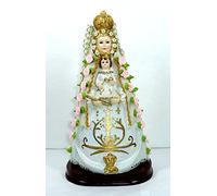 NDA Virgen del Rocío. Medidas: 26x14x10 cms. Aprox.. Elaborada en Resina policromada, con Adornos de Flores de Tela, puntilla y Manto Tipo Terciopelo Blanco.