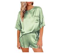 NDSJAIE Conjunto de Pijama de satén para Mujer 2 unids/Set Pijamas de Mujer Ropa casa con Cuello Redondo Informal Manga Corta for para Uso doméstico(Pea Green,M)