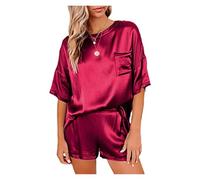 NDSJAIE Conjunto de Pijama de satén para Mujer 2 unids/Set Pijamas de Mujer Ropa casa con Cuello Redondo Informal Manga Corta for para Uso doméstico(Red,4XL)
