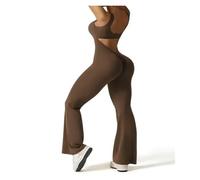 NDSJAIE Mono de yoga sin espalda Mono Acampanado De Primavera Y Verano For Mujer, Sexy, Sin Espalda, Mangas, Ajustado, Con Fruncido En El Trasero, Yoga, Costuras Para Entrenamiento(Brown,XL)