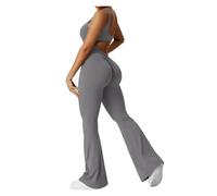 NDSJAIE Mono de yoga sin espalda Mono deportivo elegante sin mangas con cintura levantada y dobladillo acampanado for mujer, estilo melocotón, for verano Para Entrenamiento(Grey,M)