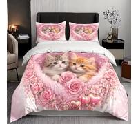 NDXRWDZR Funda Nordica Cama 90 Gato Rosa Edredón Cama 90 para Niñas Niños con Cremallera Suave Transpirable Microfibra Fundas Nordicas 150x220 cm + 2 Fundas de Almohada 50x80 cm