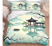 NDXRWDZR Funda Nordica Cama 90 Infantiles Paisaje Chino Edredón Cama 90 para Niñas Niños con Cremallera Suave Transpirable Microfibra Fundas Nordicas 150x220 cm + 2 Fundas de Almohada 50x80 cm