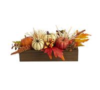 Nearly Natural Mini arreglo Artificial de 40,6 cm con diseño de Calabaza y Bayas en jarrón de Madera, Color Naranja