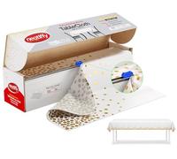 Neatiffy 54 in x 100 Ft - Disposable Plastic Table Cloth Roll with Slide Cutter | Waterproof Cover for Rectangle, Square, Oval Tables | Picnic, Party, Banquet, Birthdays, Weddings - White Golden Dots