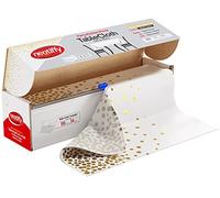 Neatiffy 54 in x 100 Ft - Disposable Plastic Table Cloth Roll with Slide Cutter | Waterproof Cover for Rectangle, Square, Oval Tables | Picnic, Party, Banquet, Birthdays, Weddings - White Golden Dots