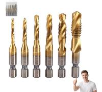 Neattidyly 3 in 1 Spiral Tap Hex Shank Drill Bit Set, Neattidyly 3 in 1 Drill Tap, M3/M4/M5/M6/M8/M10 Professional Thread tap Drill Bit Set, Quick Change Impact Driver (Gold-Long)