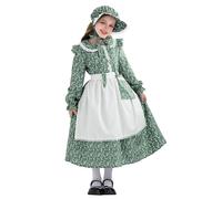 NEAWEALY Conjunto de Disfraz de Pioneros para Niña, Vestido Colonial de Pradera Infantil, Vestido de Sirvienta Floral, Conjunto de Disfraz Revolucionario con Delantal y Gorra de Motor, Verde, 11-12A
