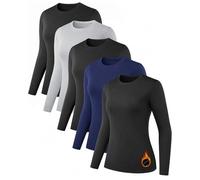 NebuKinex Paquete de 5 camisetas térmicas de manga larga para mujer, ultra suaves, con forro polar, cuello redondo, para entrenamiento, capa base, 3 negro, gris y azul, M