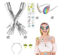 NebulaGlam 6 Piezas Conjunto de disfraz de Alien, Disfraces Alienígenas Mujer, Accesorios de Disfraz Alienígena, Gafas, Diademas, Guantes, Pendientes, Pegatinas de Tatuajes de Alien, para Carnaval