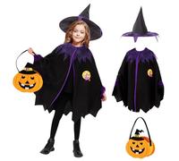 NebulaGlam Disfraz de Bruja para Niñas, Capa de Mago de Halloween para Ninos con Sombrero y Bolsa de Caramelos, Capa De Bruja para Niños para Halloween Carnaval Cosplay Fiesta