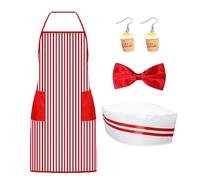 NebulaGlam Disfraz de palomitas de maíz, disfraz de camarero estilo años 50, delantal de rayas rojas y blancas, para fiesta de cosplay de carnaval (B)