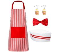 NebulaGlam Disfraz de palomitas de maíz, disfraz de camarero estilo años 50, delantal de rayas rojas y blancas, para fiesta de cosplay de carnaval (A)