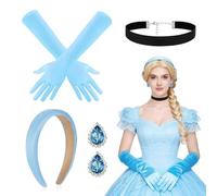NebulaGlam Disfraz de princesa para mujer, accesorio para el cabello con corona de princesa, guantes azules, gargantilla negra y aretes de cristal con diamantes de imitación para Halloween y carnaval