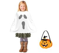 NebulaGlam Halloween Capa Infantil, Disfraz de Fantasma Blanco Patrón de Mueca con Bolsa de Calabaza, Capa de Halloween para Niños para Halloween Disfraz Carnaval Fiesta Cosplay