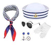 NebulaGlam Juego de Disfraces de Marinero, 6 Piezas kit de Disfraz Marinero con Striped Sailor Hat and Scarf Guantes Aretes Gafas de Sol, Accesorios de Marinero para Halloween Cosplay