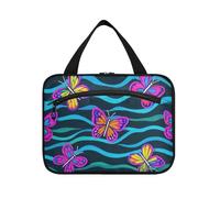 Neceser colgante con diseño de mariposas fluorescentes y ondas para mujer, con gancho, neceser colgante esencial para viaje de crucero, kit de aseo para mujer, talla L