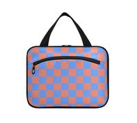 Neceser colgante de tablero de ajedrez azul y naranja para hombre con gancho, kit de aseo compacto para viajes, maquillaje, bolsas de aseo para maquillaje de mujer, L